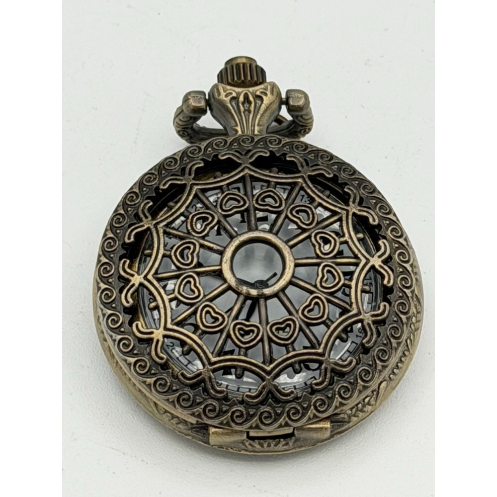 Bronze Tone Quartz Pocket Watch Heart Spiderweb Filigree Hunter Case Working